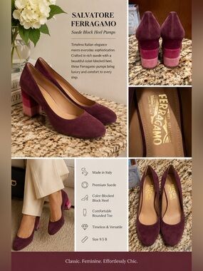 Salvatore Ferragamo Plum Suede Color-Blocked Block Heel Pumps